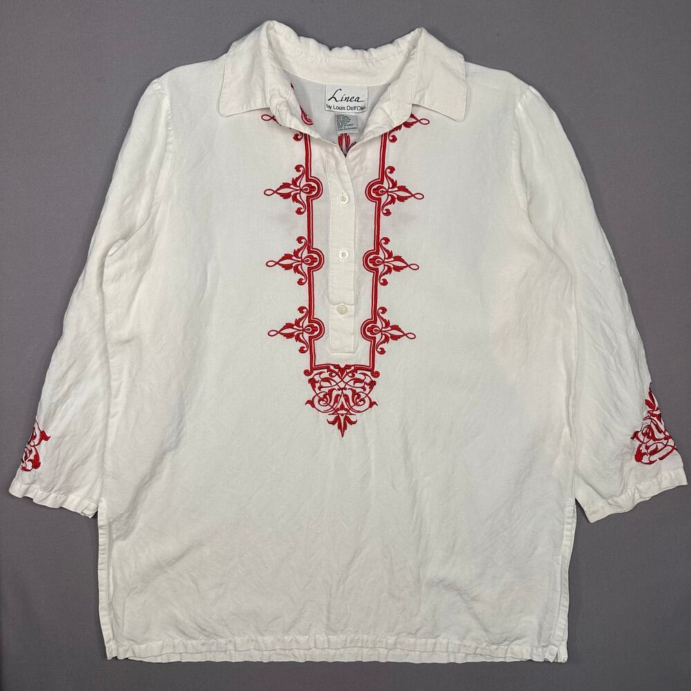 Linea by Louis Dell’Olio Linen Embroidered Tunic Top Size Large